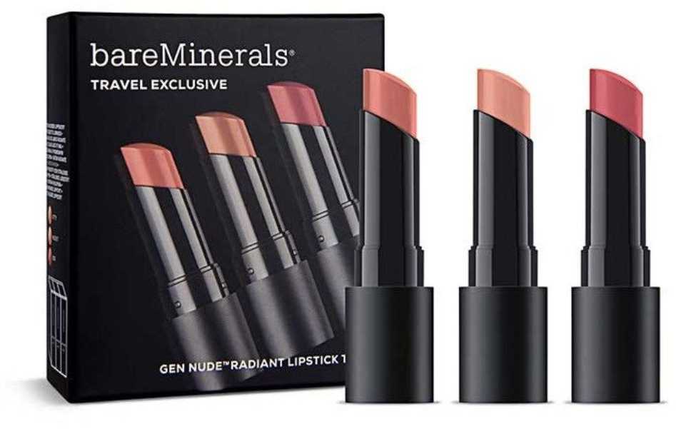 „Bare Minerals“ išskirtinis kelioninis rinkinys „BareMinerals“: „Gen Nude Radiant Cocoa Kreminis“ lūpų dažai „Infatuation“ 3,35 g + „Gen Nude Radiant Cocoa Kreminis“ lūpų dažai „Friendship“ 3,35 g + „Gen Nude Radiant Cocoa Kreminis“ lūpų dažai „Swag“ 3,5 g