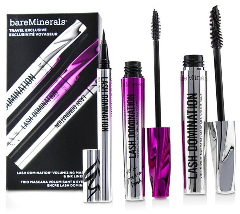 Bare Minerals Travel Exclusive Set BareMinerals: Lash Domination Volumizing Blakstienų tušas Intense Juodas 8.5 ml + Lash Domination Volumizing Blakstienų tušas Juodas 8.5 ml + Lash Domination Gel Pieštukas Akių apvadas Juodas 0.6 ml