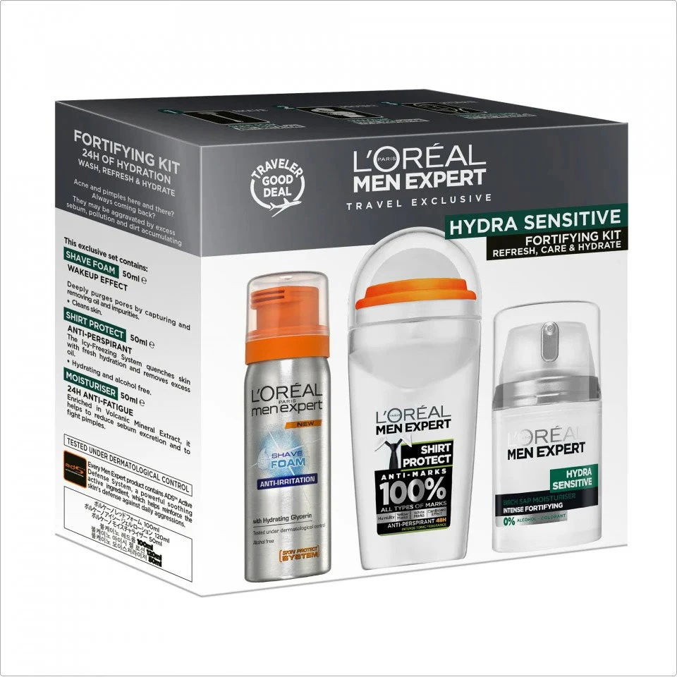 Kelioninis rinkinys „L'Oreal Paris“: „Men Expert“, be alkoholio, drėkinamasis – regeneruojamasis, dienai – nakčiai, kreminis, veidui, 50 ml + „Men Expert“