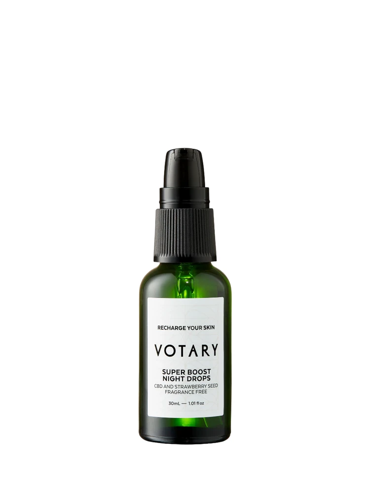 „Votary“, „Super Boost“, CBD – braškių sėklų, atstatomasis, naktinis, aliejus veidui, 30 ml
