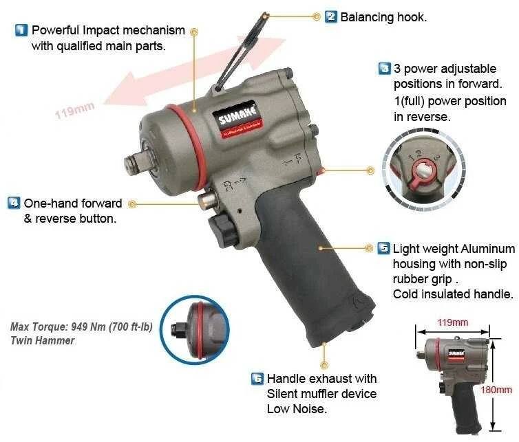 Pneumatinis smūginis veržliasukis 1/2" 949Nm SUMAKE