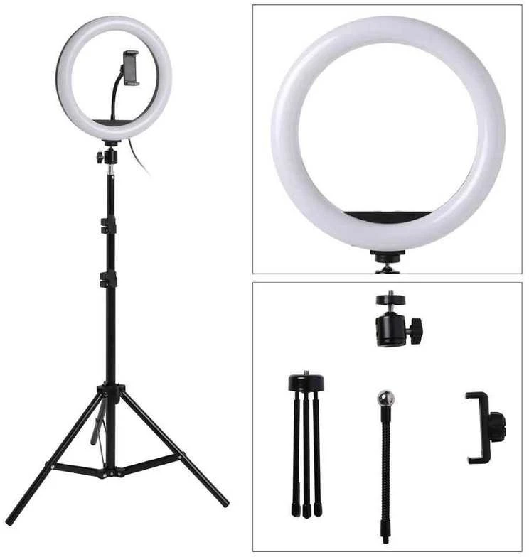 Led žiedine lempa 30cm skersmens su trikoju stovu ir laikikliu telefonui