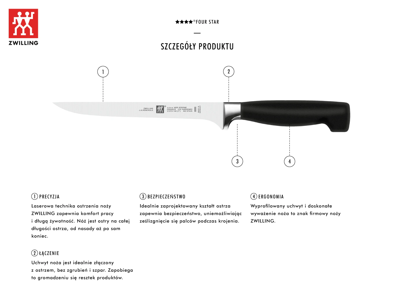 ZWILLING FOUR STAR filė peilis 18 cm aprašymas - Prekės nuotrauka