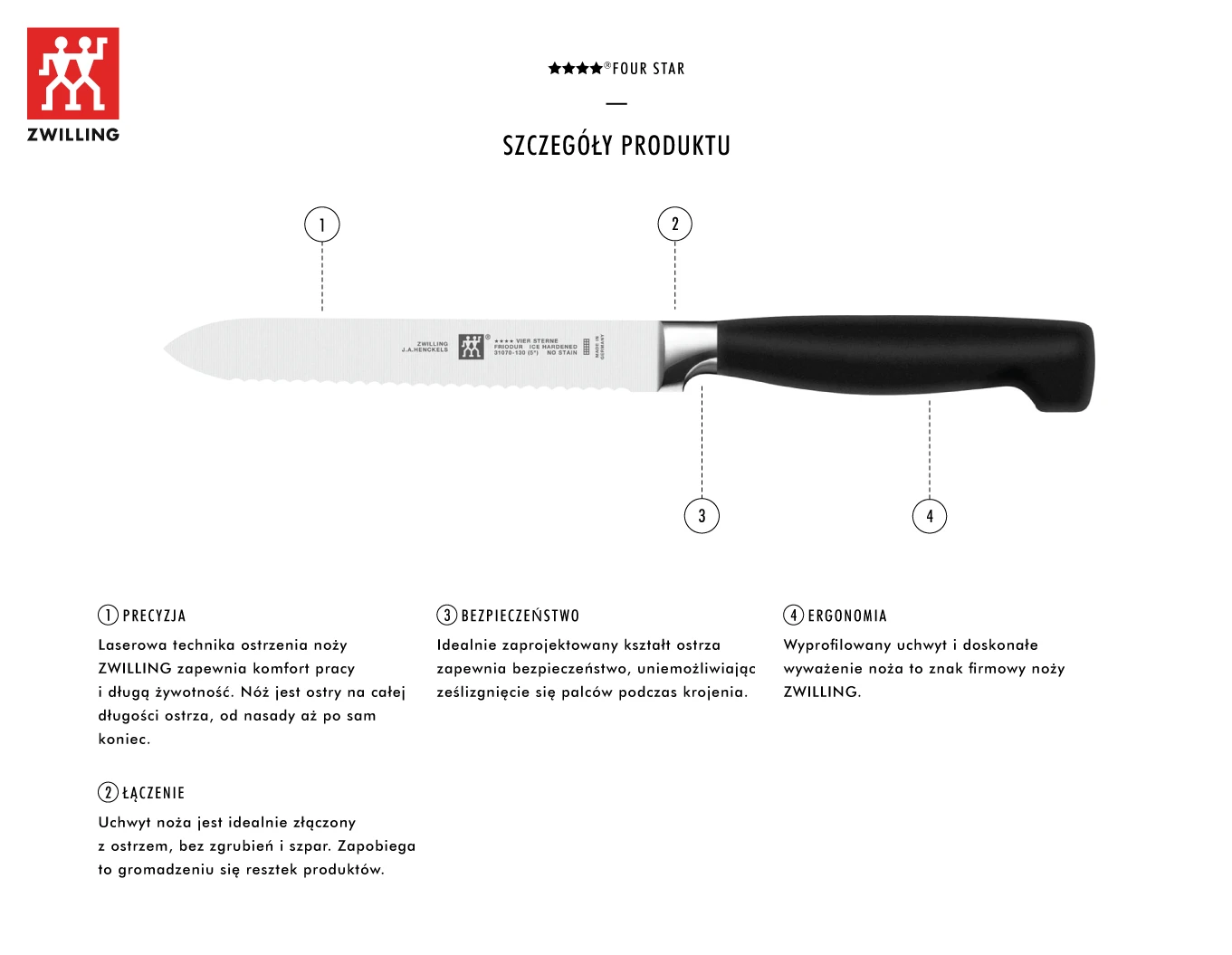 ZWILLING FOUR STAR universalus peilis su dantukais 13 cm aprašymas - Prekės nuotrauka ZWILLING FOUR STAR universalus peilis su dantukais 13 cm aprašymas - Prekės nuotrauka