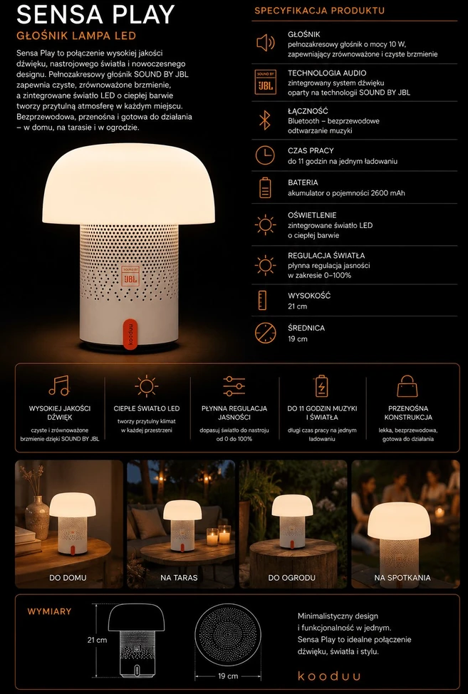 Nešiojama garso kolonėlė su apšvietimu Sound by JBL Kooduu Sensa PLAY, spalva: balta
