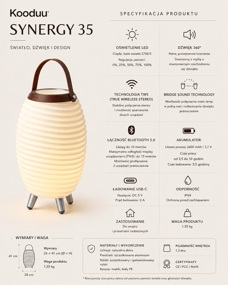 KOODUU SYNERGY 35 LED lempa su garsiakalbiu ir gėrimų aušintuvu - 41 x 24 cm, balta