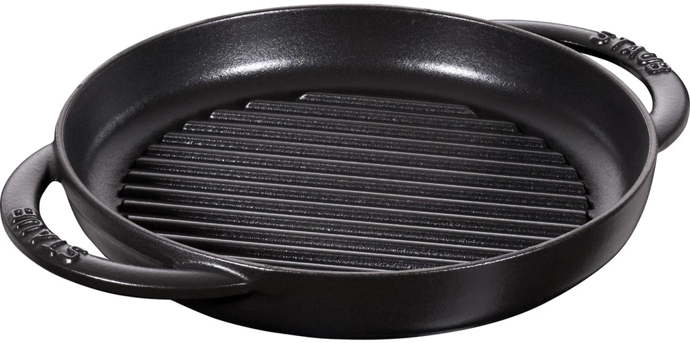 STAUB Apvali ketaus grilio keptuvė su dviem rankenomis, 22 cm, juoda
