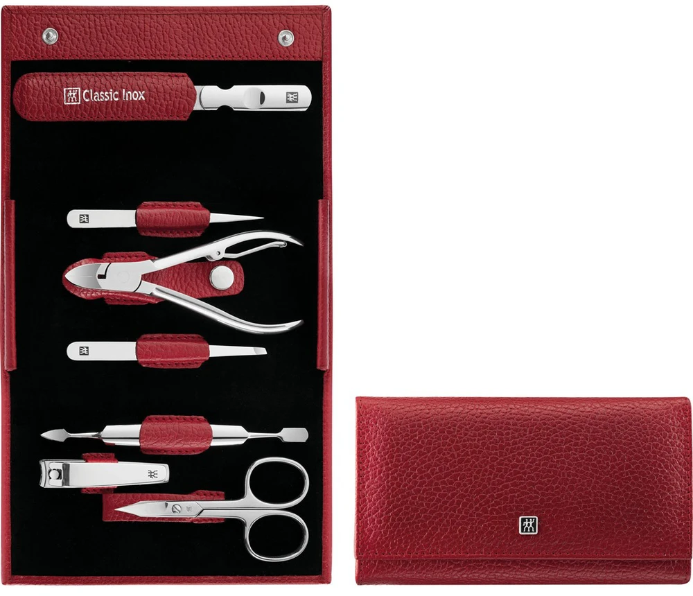 ZWILLING CLASSIC INOX Manikiūro rinkinys - raudonas odinis dėklas, 7 elementai