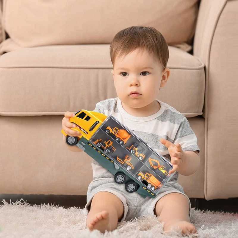 12 dalių žaislinių automobilių ir technikos rinkinys – tralas, sraigtasparnis, ekskavatorius ir paleidžiamas automobilis