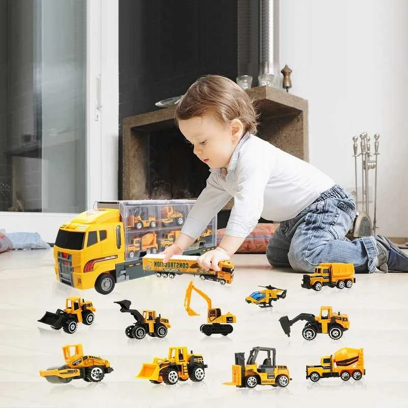 12 dalių žaislinių automobilių ir technikos rinkinys – tralas, sraigtasparnis, ekskavatorius ir paleidžiamas automobilis
