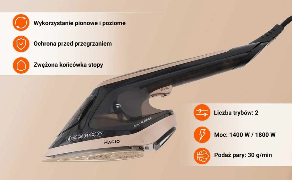 2in1 drabužių garintuvas ir lygintuvas MAGIO 1800W su LED ir garo reguliavimu
