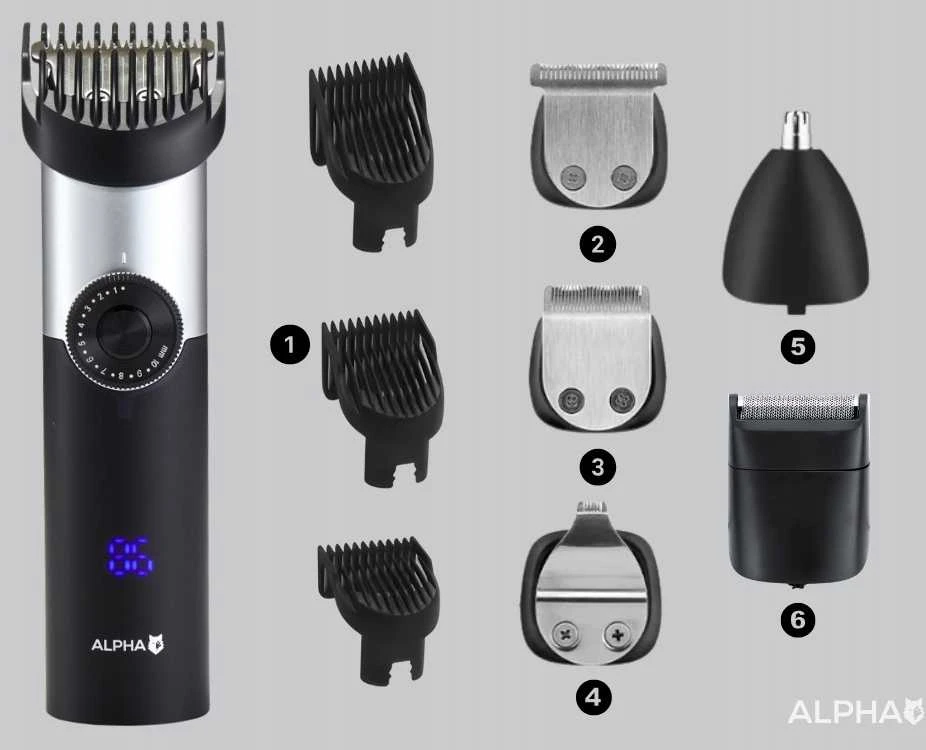 Barzdaskutė „Alpha“ 5 in 1 trimeris – plaukams, barzdai, nosiai ir skutimuisi viename rinkinyje.