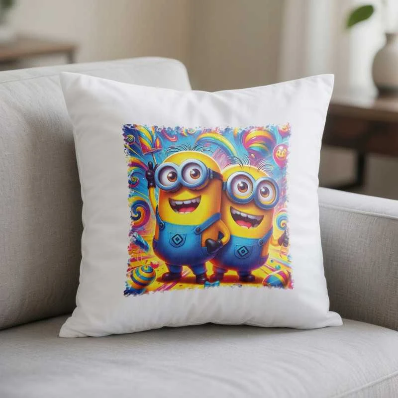 Balta vaikiška pagalvė su „Minions“ personažais – puiki dovanos idėja