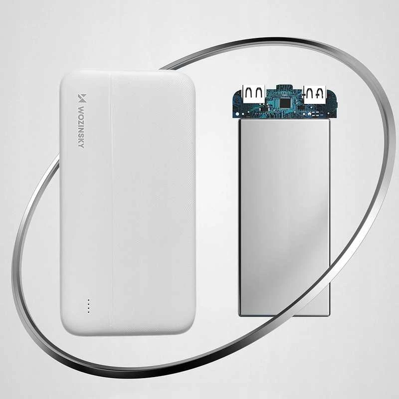 Baltas powerbankas – 10000 mAh, 2 USB jungtys, kompaktiškas dizainas