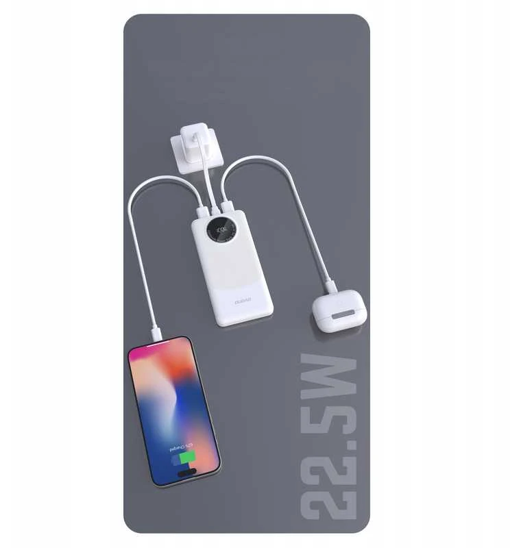 Baltas powerbankas 10000 mAh – greitas PD 22.5W įkrovimas, USB-A/C, LED ekranas