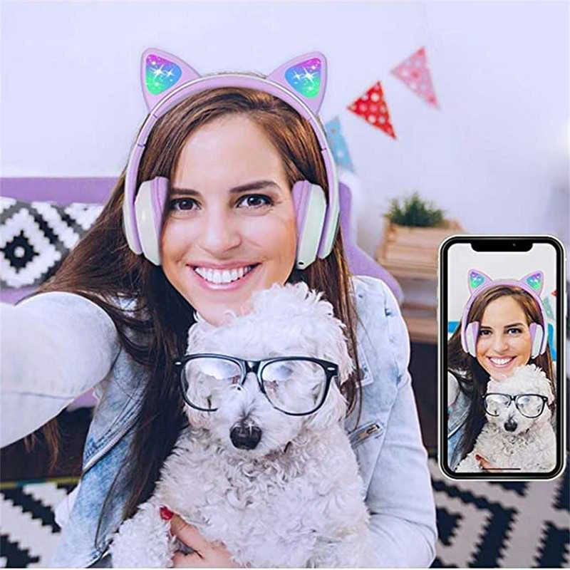 Belaidės Bluetooth ausinės vaikams JST-28 su RGB katės ausimis