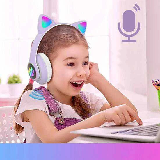 Belaidės Bluetooth ausinės vaikams JST-28 su RGB katės ausimis