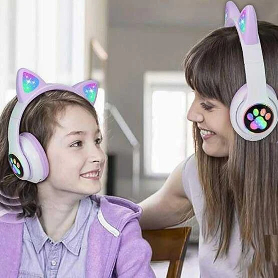 Belaidės Bluetooth ausinės vaikams JST-28 su RGB katės ausimis