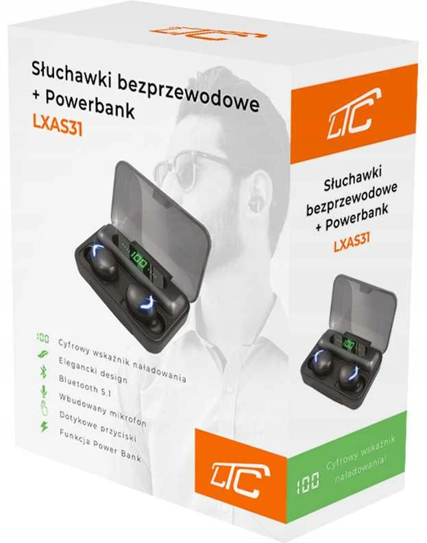 Belaidės LTC ausinės su Bluetooth, mikrofonu ir „Powerbank“ įkrovimu