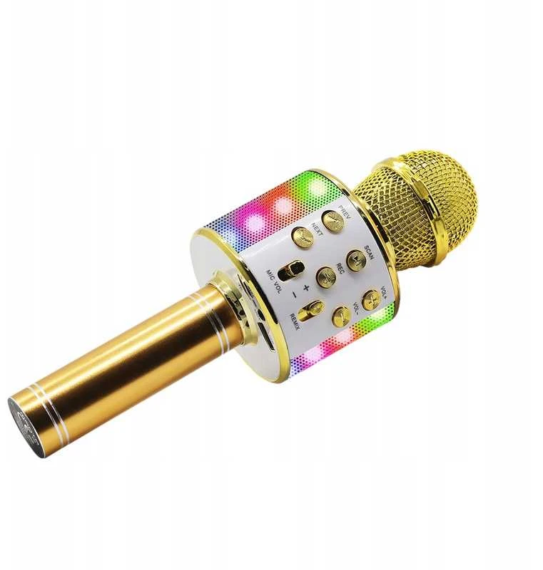 Belaidis karaoke mikrofonas–kolonėlė vaikams su LED apšvietimu, auksinis „Manta“