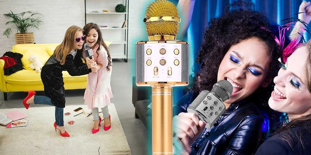 Belaidis karaoke mikrofonas–kolonėlė vaikams su LED apšvietimu, auksinis „Manta“