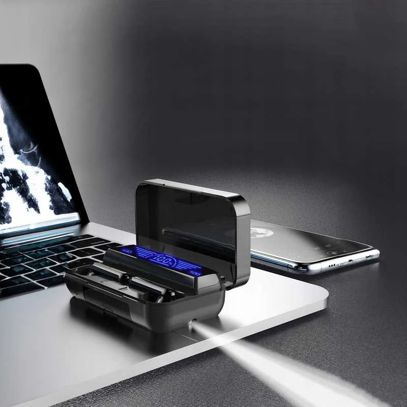 Bluetooth 5.1 belaidės „Earbuds“ ausinės su „Powerbank“ ir LED žibintuvėliu