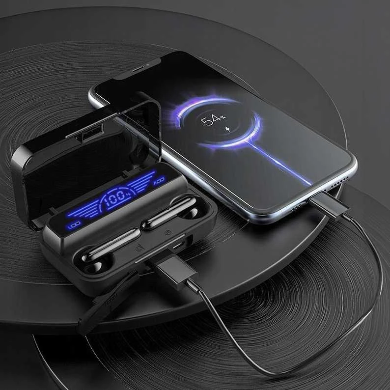 Bluetooth 5.1 belaidės „Earbuds“ ausinės su „Powerbank“ ir LED žibintuvėliu