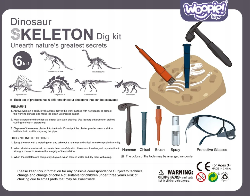 Dinozaurų fosilijų kasinėjimo rinkinys Woopie, 6 skeletai
