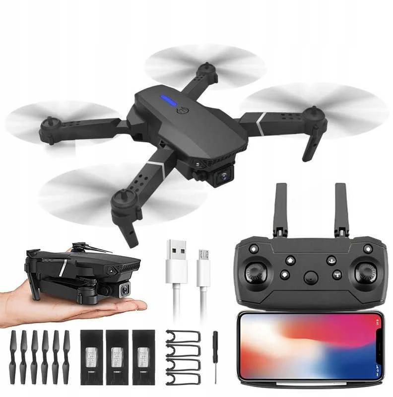 Dronas E88 su kamera, WiFi ryšiu ir 15 min skrydžio laiku