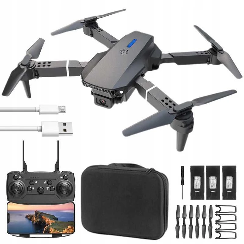 Dronas E88 su kamera, WiFi ryšiu ir 15 min skrydžio laiku