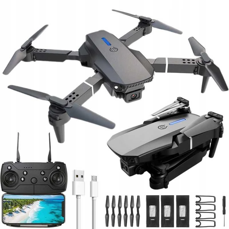 Dronas E88 su kamera, WiFi ryšiu ir 15 min skrydžio laiku