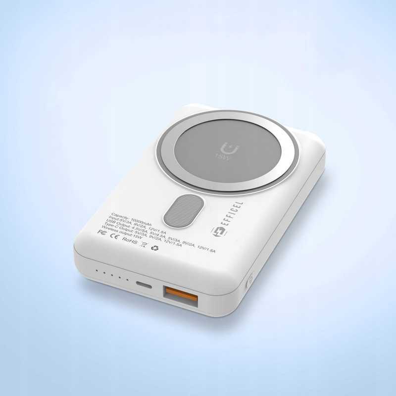 Efficel magnetinis powerbankas 10000 mAh – belaidis, MagSafe, USB-C, baltas