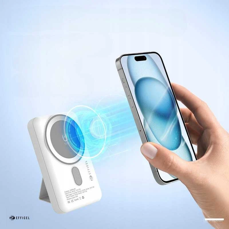 Efficel magnetinis powerbankas 10000 mAh – belaidis, MagSafe, USB-C, baltas