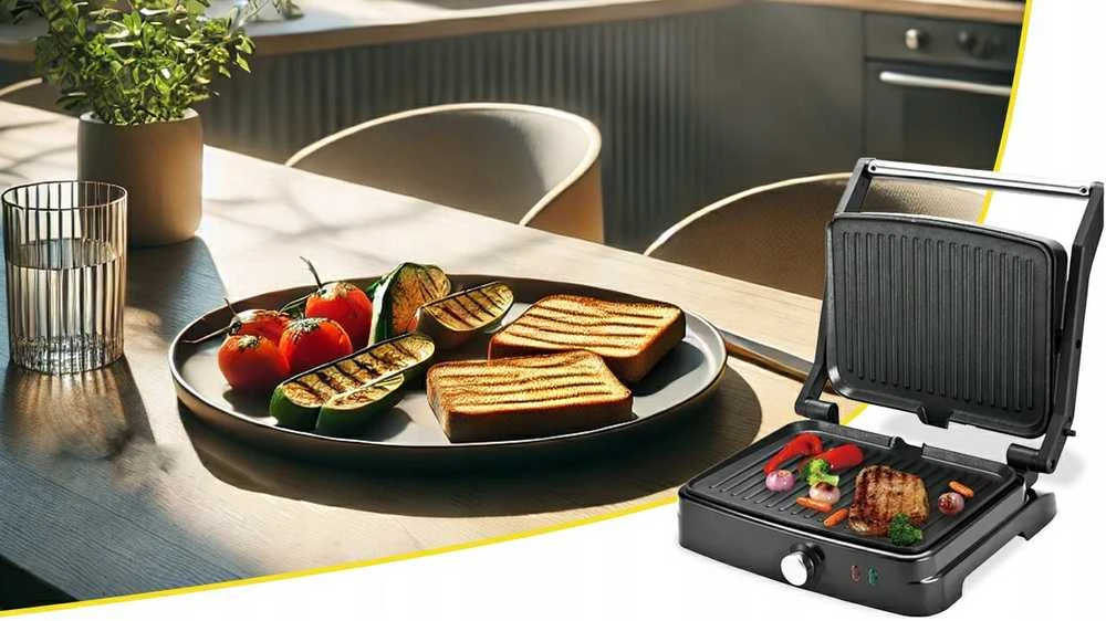 Elektrinis panini grilis–skrudintuvas kebabams ir sumuštiniams, sulankstomas