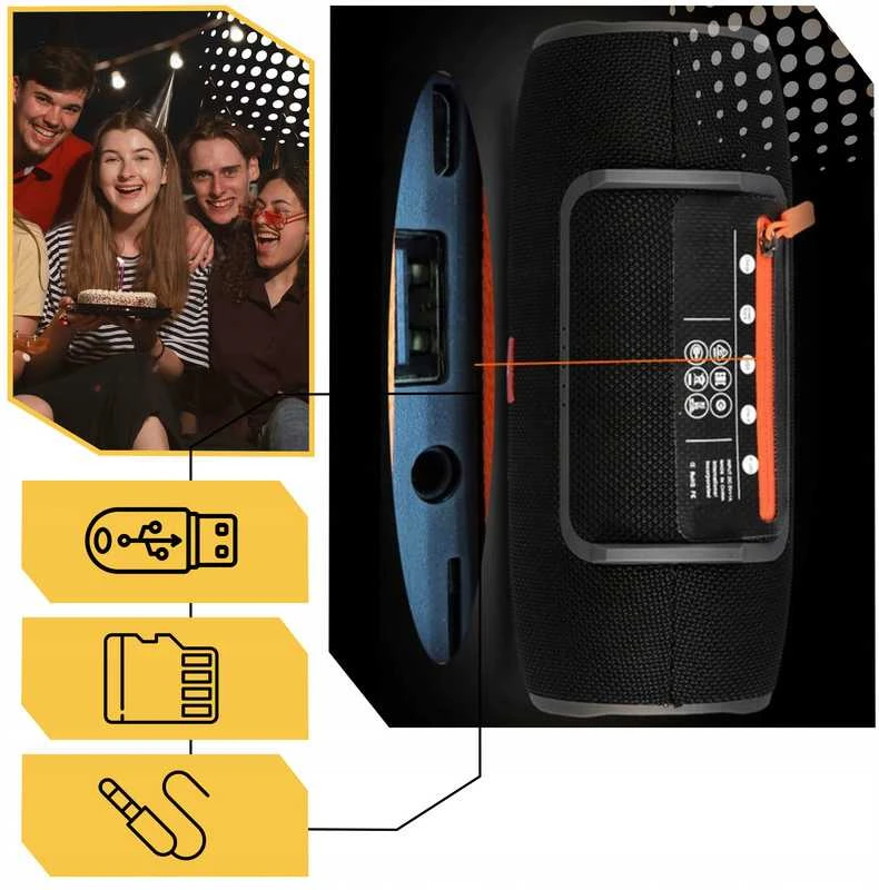 Galinga belaidė „Bluetooth“ kolonėlė su bosu, FM radiju ir dirželiu