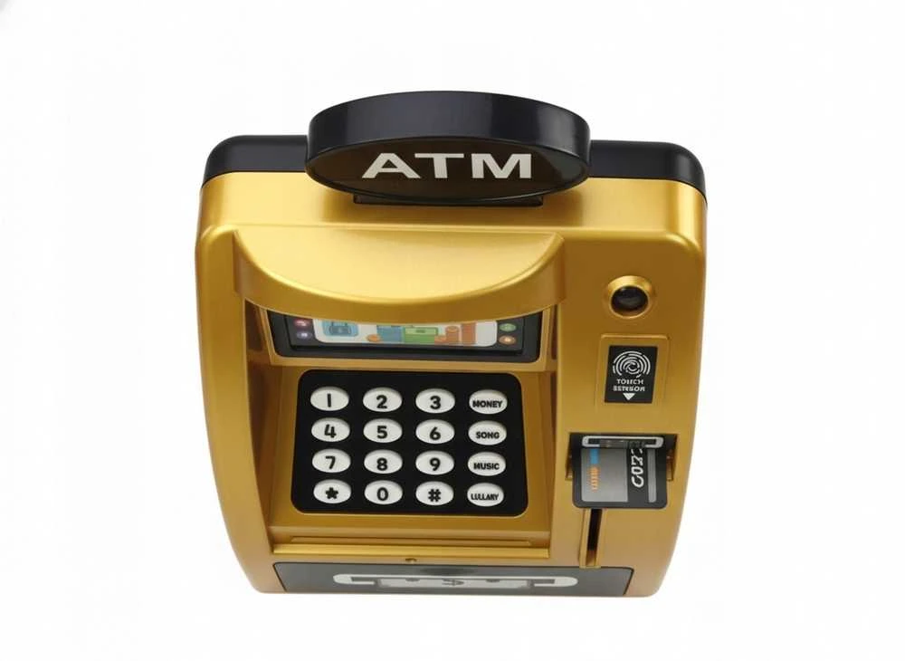 Interaktyvi vaikiška ATM tipo taupyklė–seifas su PIN kodu, aukso–juodos spalvos