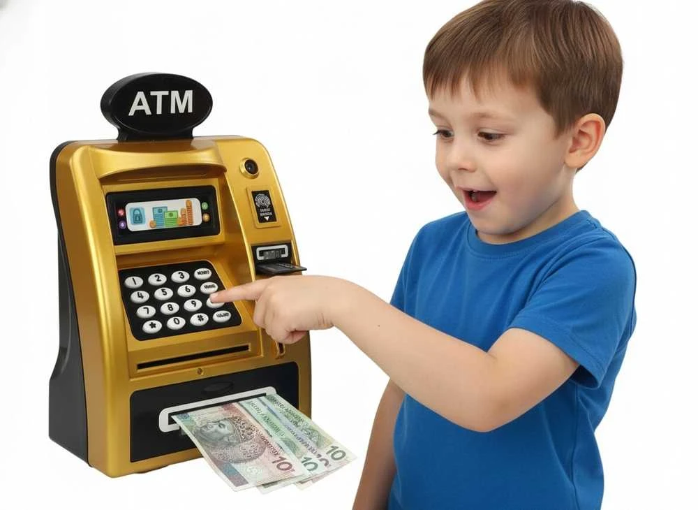 Interaktyvi vaikiška ATM tipo taupyklė–seifas su PIN kodu, aukso–juodos spalvos