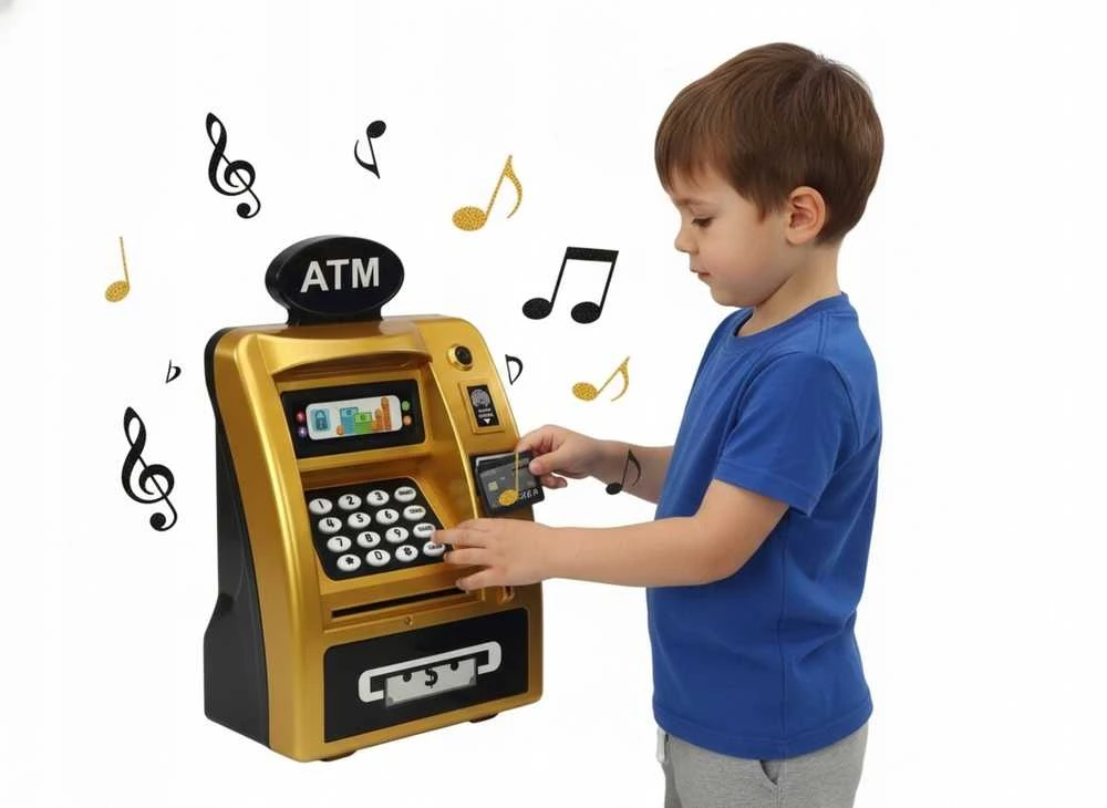 Interaktyvi vaikiška ATM tipo taupyklė–seifas su PIN kodu, aukso–juodos spalvos