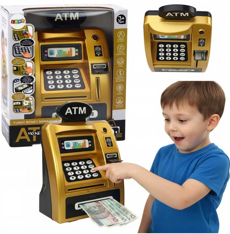 Interaktyvi vaikiška ATM tipo taupyklė–seifas su PIN kodu, aukso–juodos spalvos