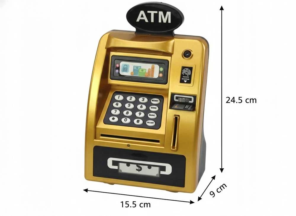 Interaktyvi vaikiška ATM tipo taupyklė–seifas su PIN kodu, aukso–juodos spalvos