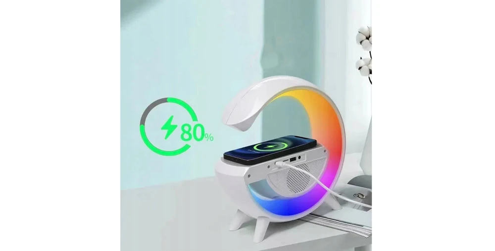 Išmanioji LED lempa su QI įkrovikliu, Bluetooth garsiakalbiu, radijas ir laikrodžiu.