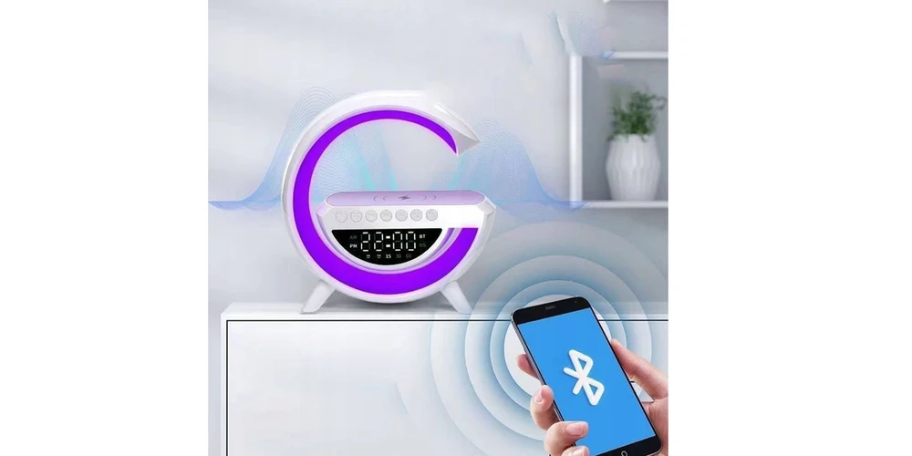 Išmanioji LED lempa su QI įkrovikliu, Bluetooth garsiakalbiu, radijas ir laikrodžiu.