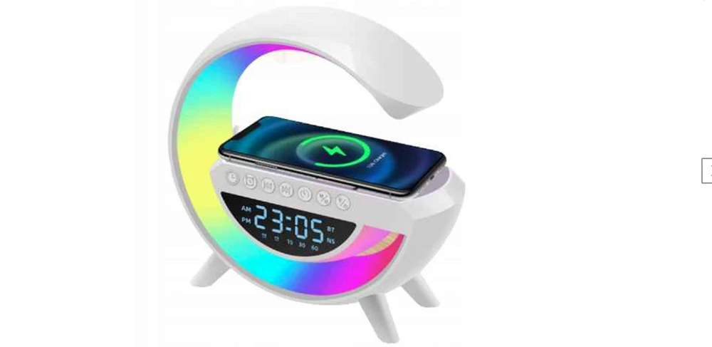 Išmanioji LED lempa su QI įkrovikliu, Bluetooth garsiakalbiu, radijas ir laikrodžiu.