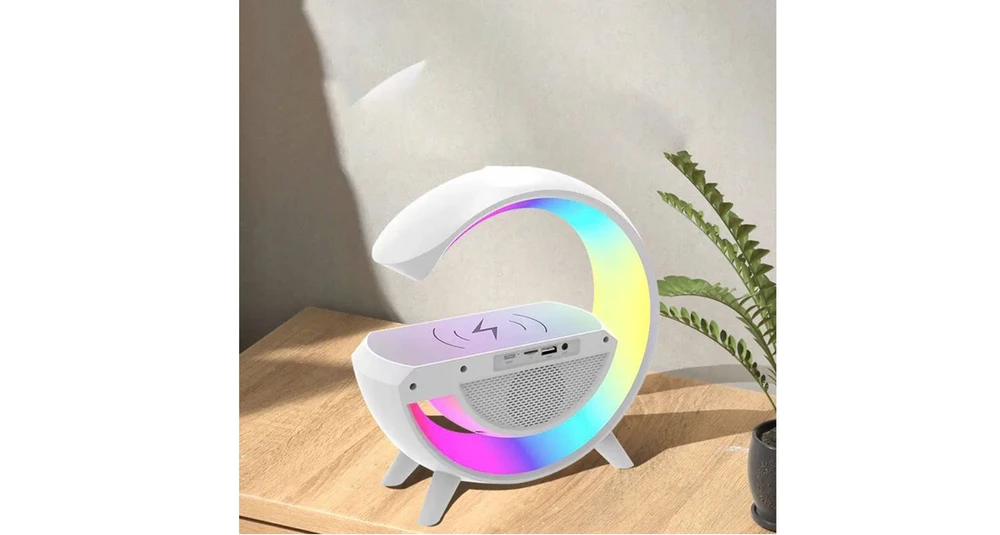 Išmanioji LED lempa su QI įkrovikliu, Bluetooth garsiakalbiu, radijas ir laikrodžiu.