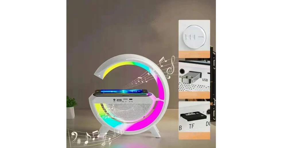 Išmanioji LED lempa su QI įkrovikliu, Bluetooth garsiakalbiu, radijas ir laikrodžiu.