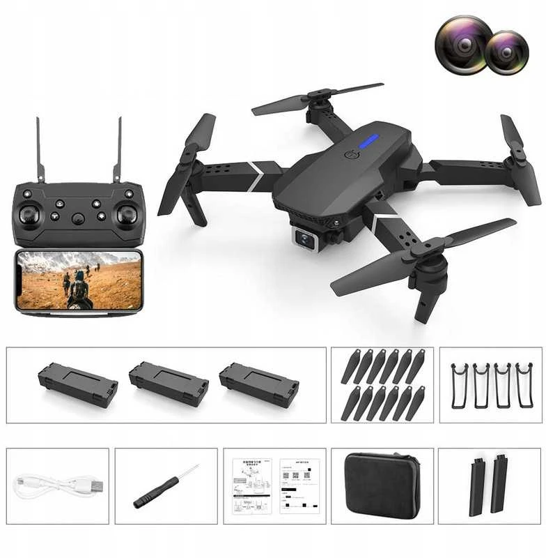 Išmanus 4K WiFi dronas su dviem priekinėmis kameromis ir 3 akumuliatoriais