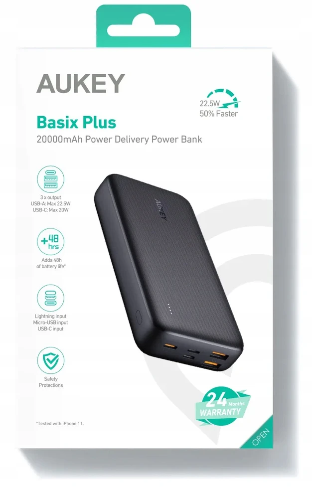 Išorinė baterija Aukey, 20 000 mAh