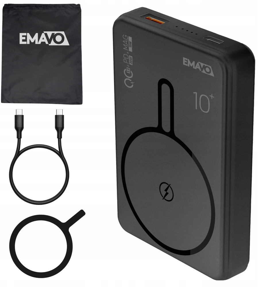 Išorinė baterija Emavo, 10 000 mAh, juoda