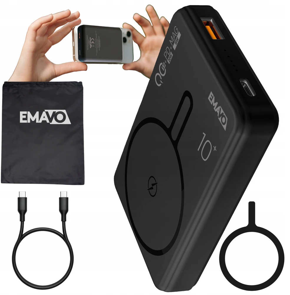 Išorinė baterija Emavo, 10 000 mAh, juoda