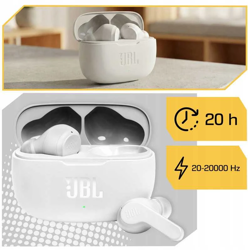 JBL Wave 200 TWS belaidės į ausis įkišamos ausinės su dėklu, 108 dB, baltos